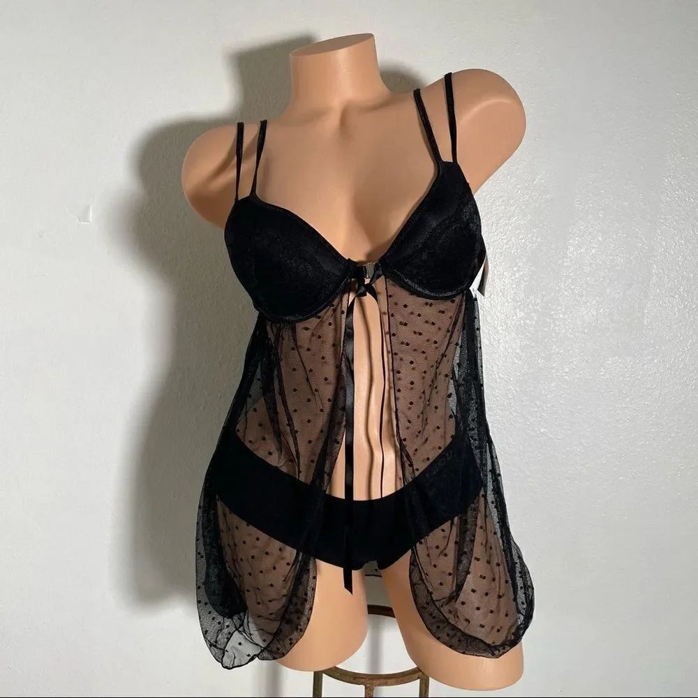 NWT Jessica Simpson Sz S Black Flyaway Lace BraβBeautiful 1 Pc Babydoll New